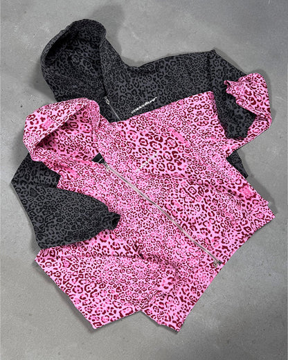 NOCTURNE BEAST ZIP HOODIE DARK GREY - dark grey leopard print zip-up hoodie, flat lay with matching pieces - Cold Culture