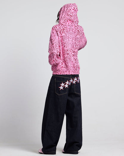 NOCTURNE BEAST ZIP HOODIE PINK - pink leopard print zip-up hoodie, back view on female model - Cold Culture #woman