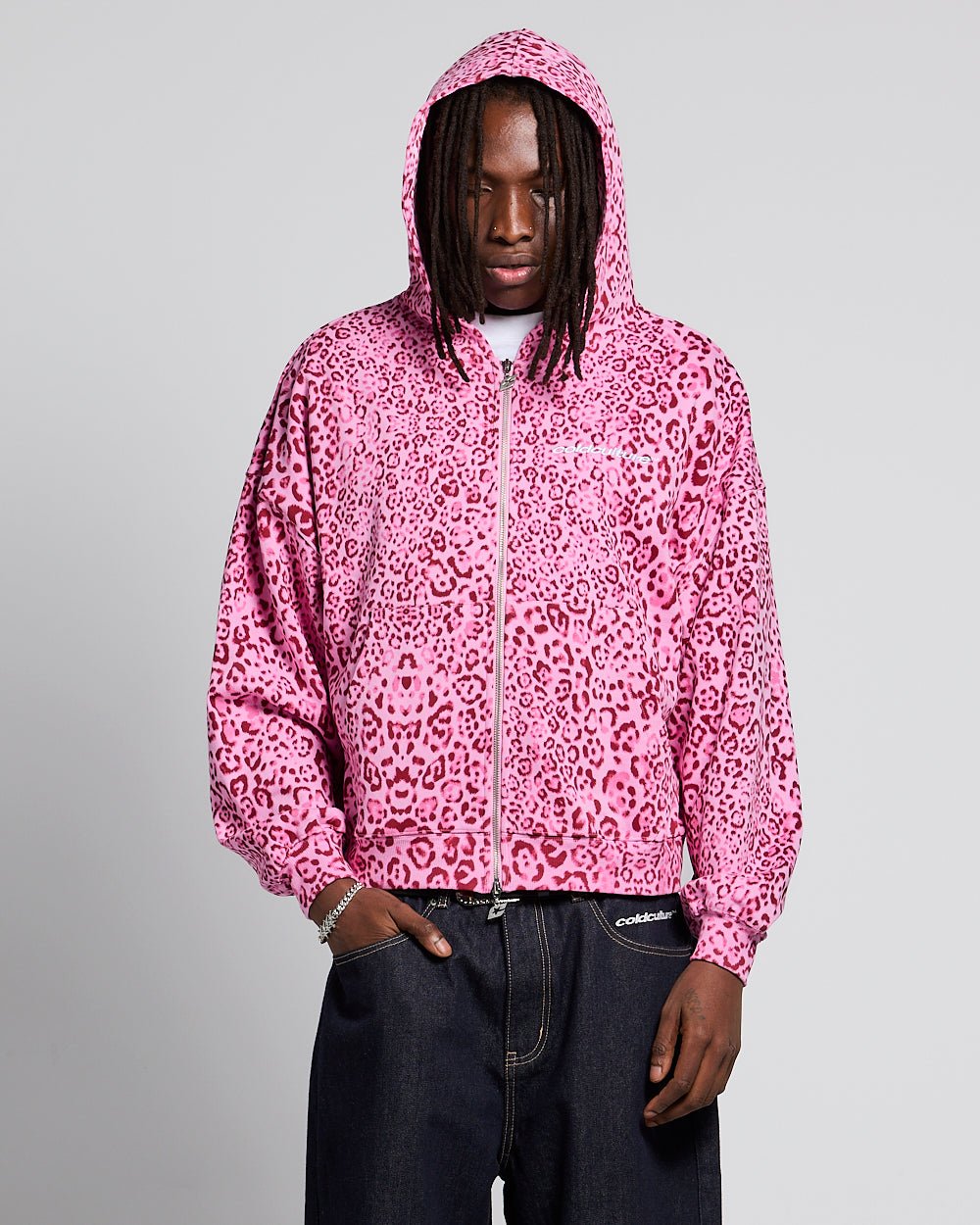 NOCTURNE BEAST ZIP HOODIE PINK - pink leopard print zip-up hoodie, front view on male model - Cold Culture #man