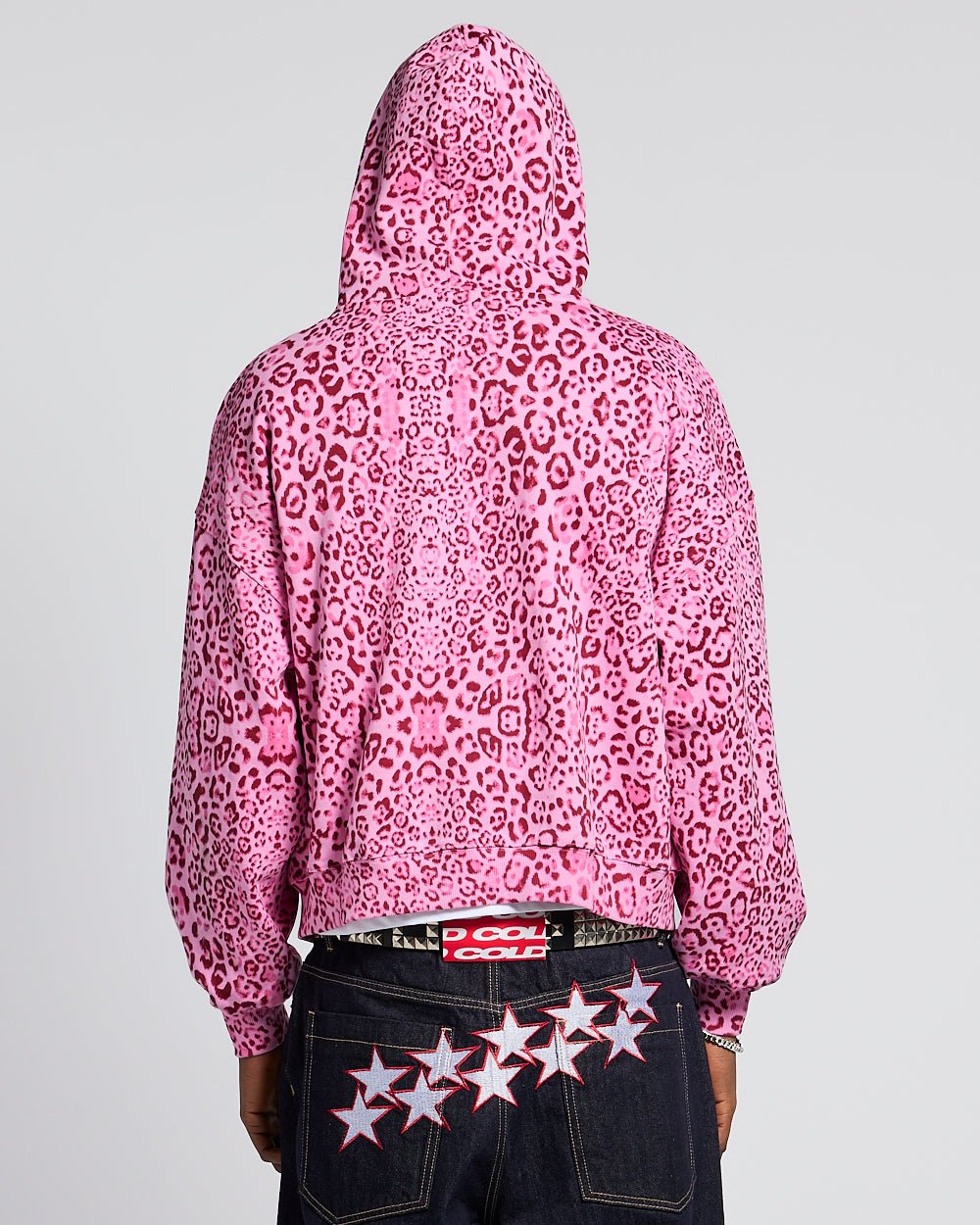 NOCTURNE BEAST ZIP HOODIE PINK - pink leopard print zip-up hoodie, back view on male model - Cold Culture #man