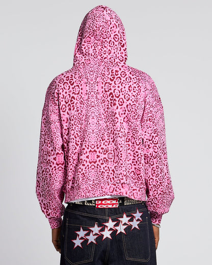 NOCTURNE BEAST ZIP HOODIE PINK - pink leopard print zip-up hoodie, back view on male model - Cold Culture #man