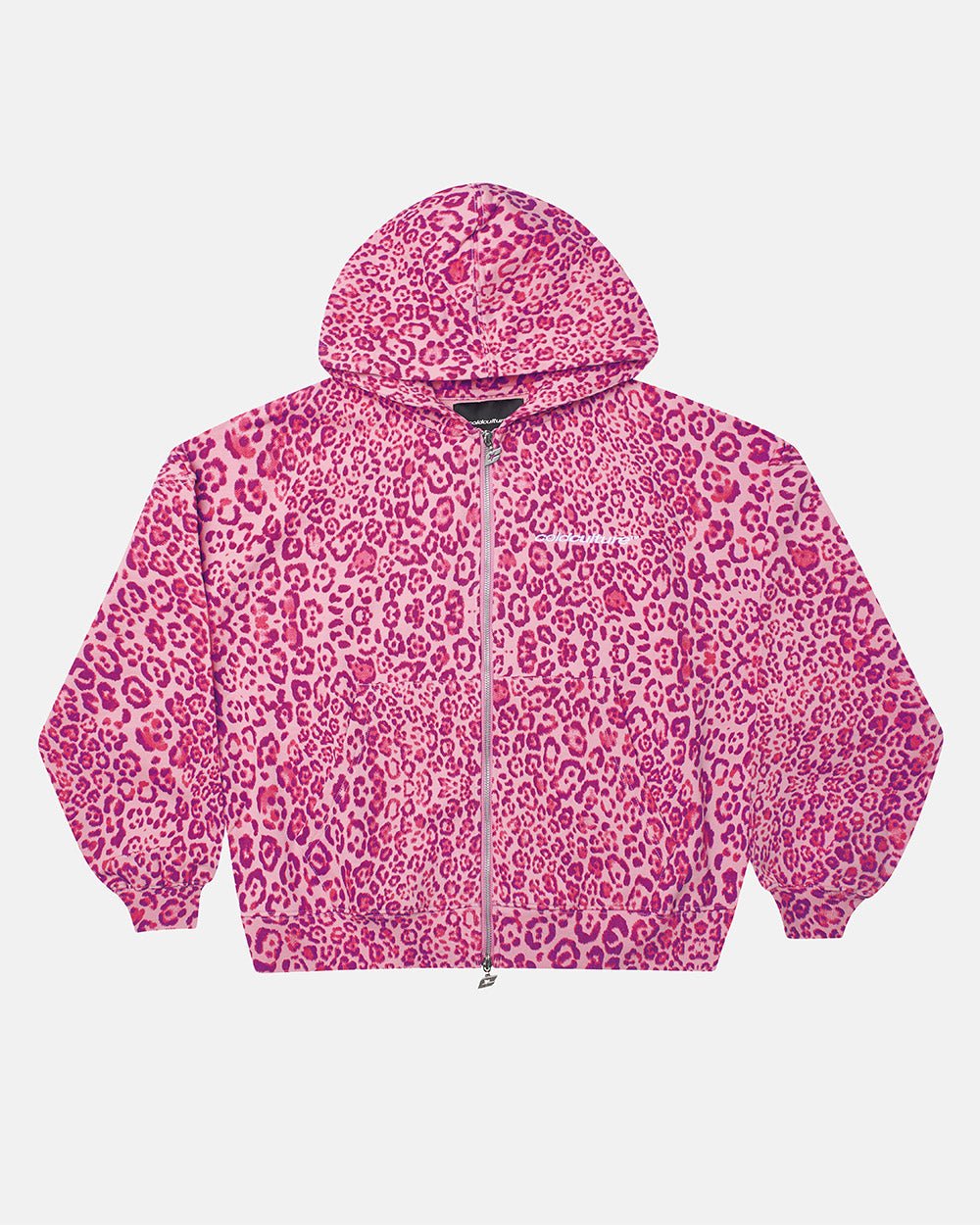 NOCTURNE BEAST ZIP HOODIE PINK - pink leopard print zip-up hoodie, front view - Cold Culture