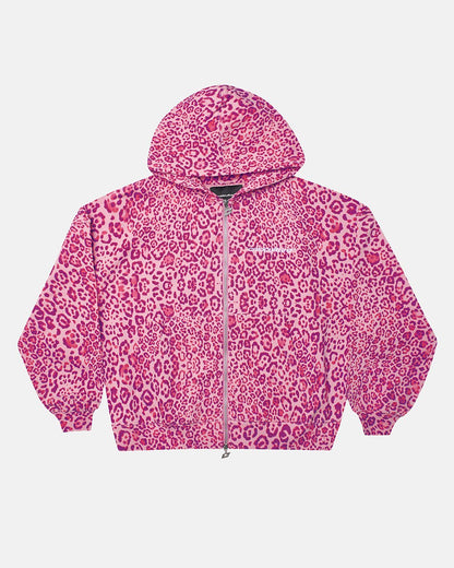 NOCTURNE BEAST ZIP HOODIE PINK - pink leopard print zip-up hoodie, front view - Cold Culture